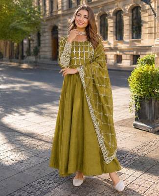 mustard vichitra readymade anarkali suit with zari embroidery & sequence work 1