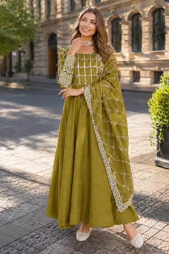 mustard vichitra readymade anarkali suit with zari embroidery & sequence work
