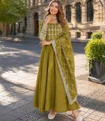 mustard vichitra readymade anarkali suit with zari embroidery & sequence work