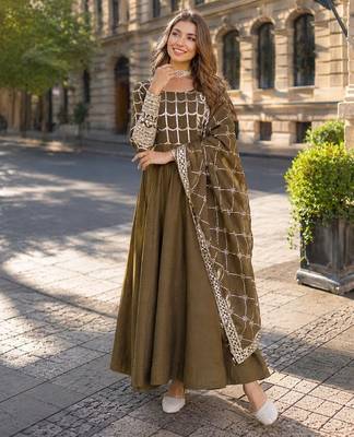mehendi vichitra readymade anarkali suit with zari embroidery & sequence work 1