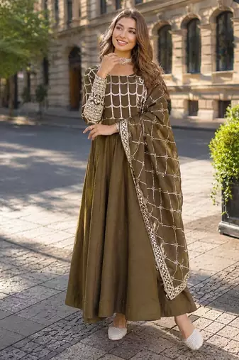 mehendi vichitra readymade anarkali suit with zari embroidery & sequence work