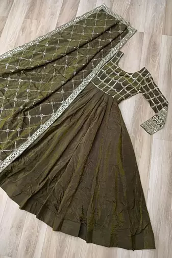mehendi vichitra readymade anarkali suit with zari embroidery & sequence work