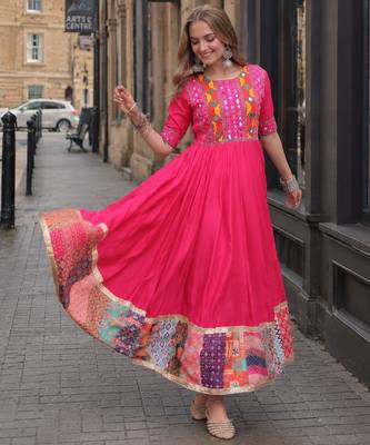 rani silk blend  free size stitched navratri anarkali with multi thread & mirror work 1
