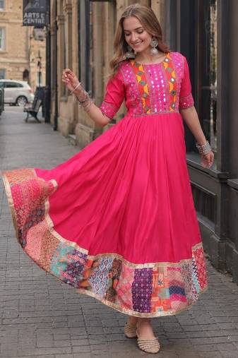 rani silk blend  free size stitched navratri anarkali with multi thread & mirror work