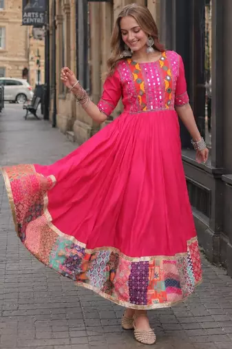 rani silk blend  free size stitched navratri anarkali with multi thread & mirror work