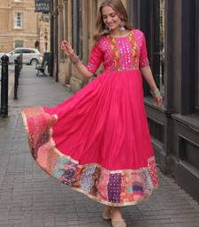rani silk blend  free size stitched navratri anarkali with multi thread & mirror work