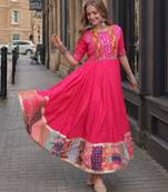 rani silk blend  free size stitched navratri anarkali with multi thread & mirror work