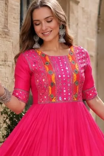 rani silk blend  free size stitched navratri anarkali with multi thread & mirror work