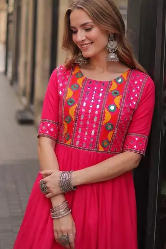 rani silk blend  free size stitched navratri anarkali with multi thread & mirror work