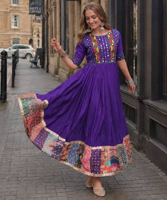 violet silk blend  free size stitched navratri anarkali with multi thread & mirror work 1