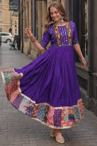 violet silk blend  free size stitched navratri anarkali with multi thread & mirror work