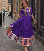 violet silk blend  free size stitched navratri anarkali with multi thread & mirror work