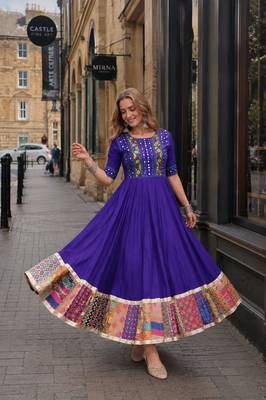 violet silk blend  free size stitched navratri anarkali with multi thread & mirror work 2