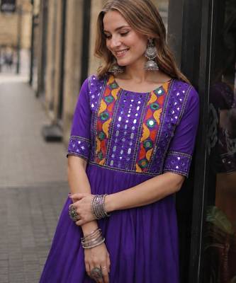 violet silk blend  free size stitched navratri anarkali with multi thread & mirror work 3