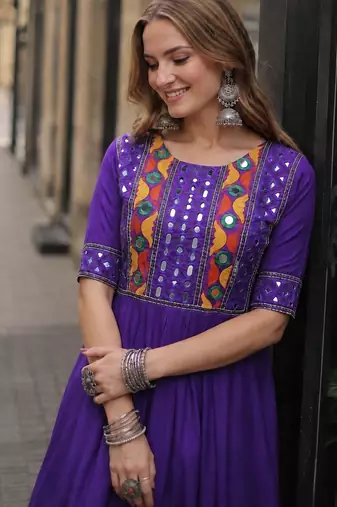 violet silk blend  free size stitched navratri anarkali with multi thread & mirror work