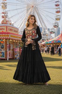 black rayon free size stitched navratri anarkali with kutchi gamthi thread work 1