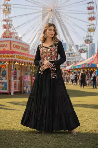black rayon free size stitched navratri anarkali with kutchi gamthi thread work