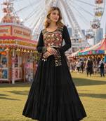 black rayon free size stitched navratri anarkali with kutchi gamthi thread work