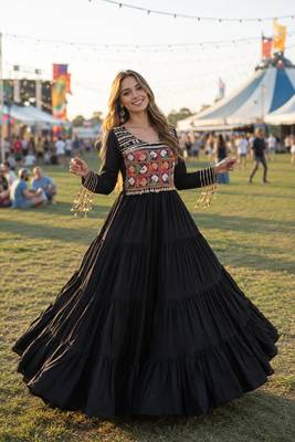black rayon free size stitched navratri anarkali with kutchi gamthi thread work 3