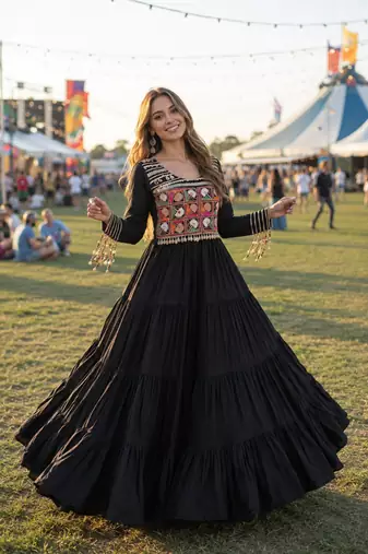 black rayon free size stitched navratri anarkali with kutchi gamthi thread work