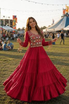 maroon rayon free size stitched navratri anarkali with kutchi gamthi thread work 1