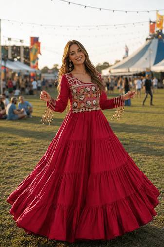 maroon rayon free size stitched navratri anarkali with kutchi gamthi thread work