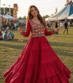 maroon rayon free size stitched navratri anarkali with kutchi gamthi thread work
