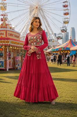 maroon rayon free size stitched navratri anarkali with kutchi gamthi thread work 3