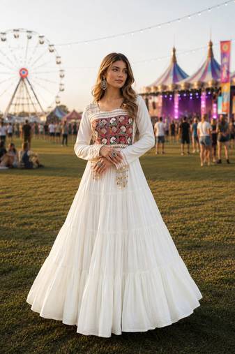 white rayon free size stitched navratri anarkali with kutchi gamthi thread work