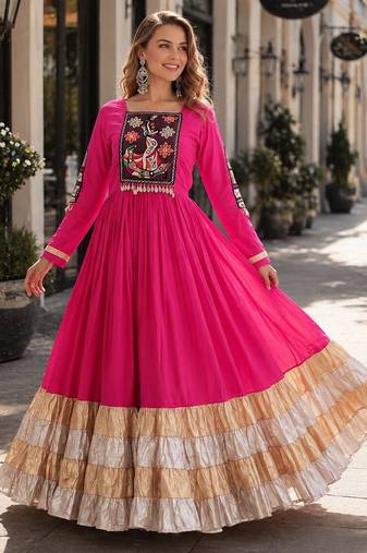 rani rayon free size stitched navratri anarkali with kutchi gamthi thread work