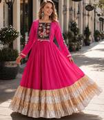 rani rayon free size stitched navratri anarkali with kutchi gamthi thread work