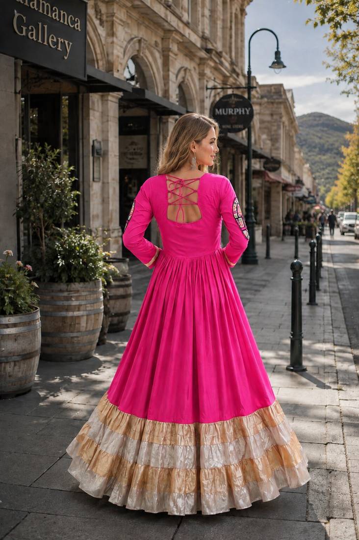 rani rayon free size stitched navratri anarkali with kutchi gamthi thread work
