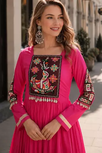rani rayon free size stitched navratri anarkali with kutchi gamthi thread work