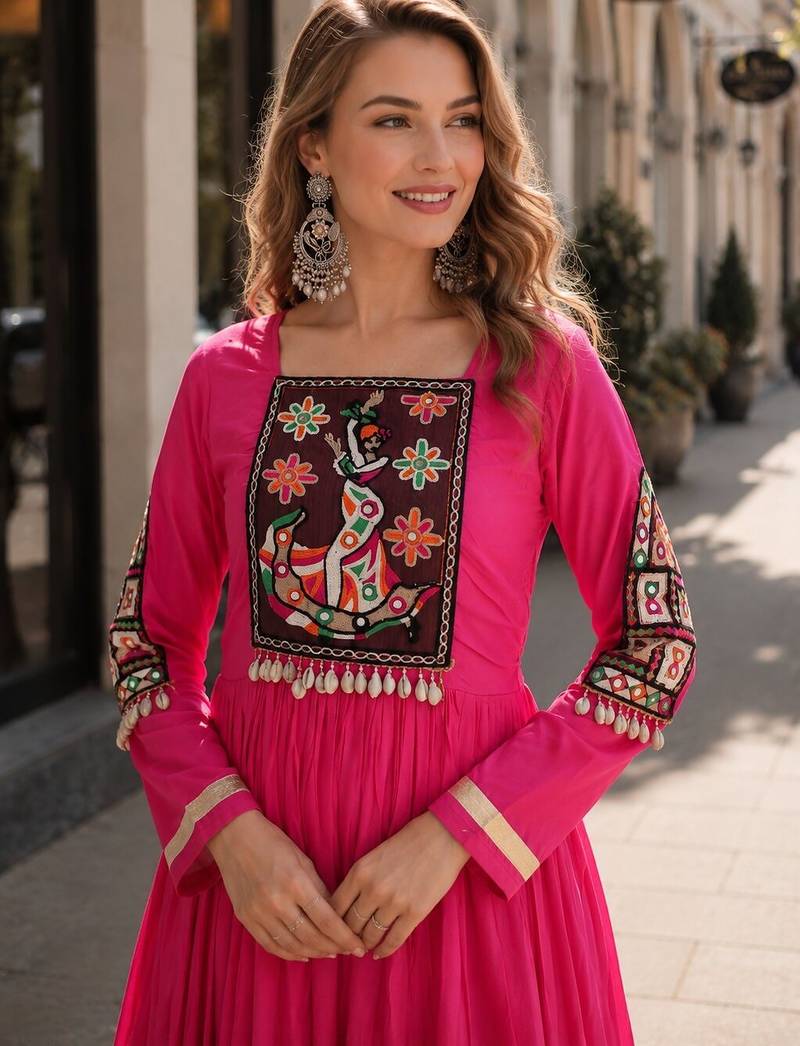 rani rayon free size stitched navratri anarkali with kutchi gamthi thread work