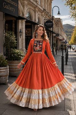 orange rayon free size stitched navratri anarkali with kutchi gamthi thread work 1