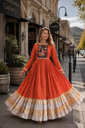 orange rayon free size stitched navratri anarkali with kutchi gamthi thread work
