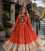 orange rayon free size stitched navratri anarkali with kutchi gamthi thread work