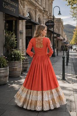 orange rayon free size stitched navratri anarkali with kutchi gamthi thread work 2
