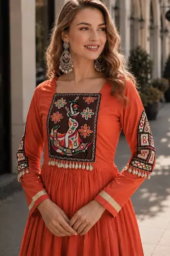 orange rayon free size stitched navratri anarkali with kutchi gamthi thread work