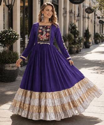 violet rayon free size stitched navratri anarkali with kutchi gamthi thread work 1