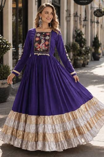 violet rayon free size stitched navratri anarkali with kutchi gamthi thread work