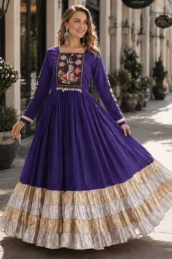 violet rayon free size stitched navratri anarkali with kutchi gamthi thread work