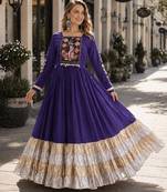 violet rayon free size stitched navratri anarkali with kutchi gamthi thread work