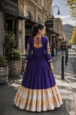 violet rayon free size stitched navratri anarkali with kutchi gamthi thread work 2