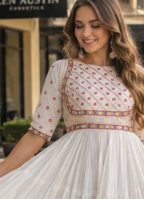 white cotton free size stitched navratri anarkali with multi thread  & gota patti work 2
