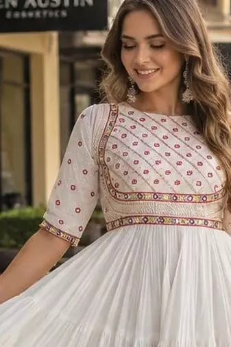 white cotton free size stitched navratri anarkali with multi thread  & gota patti work