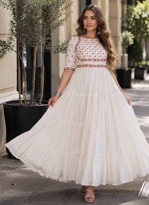 white cotton free size stitched navratri anarkali with multi thread  & gota patti work 1