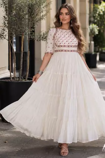white cotton free size stitched navratri anarkali with multi thread  & gota patti work