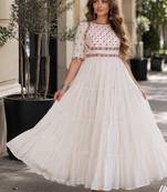 white cotton free size stitched navratri anarkali with multi thread  & gota patti work
