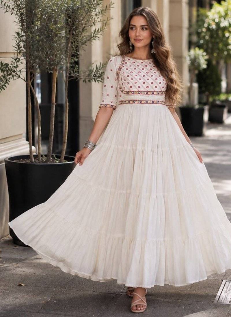 white cotton free size stitched navratri anarkali with multi thread  & gota patti work
